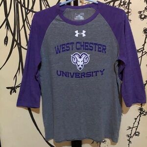 Under Armour Women’s Gray Purple Baseball Shirt W/Distressed Graphic Print & Log